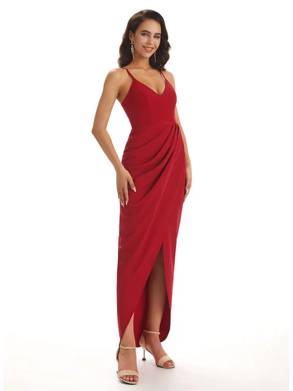Simple Soft Satin Spaghetti Straps Mermaid Midi Bridesmaid Dresses In Stock sold by ChicSew product image thumbnail 4