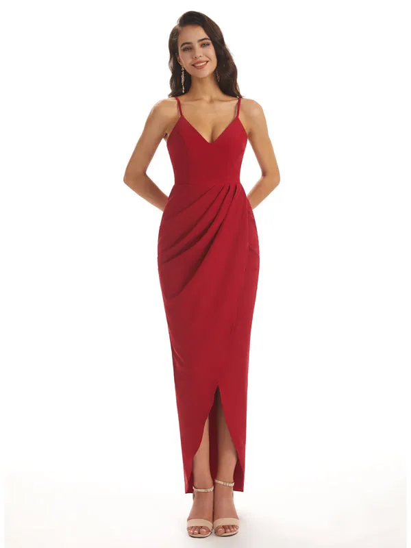 Simple Soft Satin Spaghetti Straps Mermaid Midi Bridesmaid Dresses In Stock sold by ChicSew product image thumbnail 2