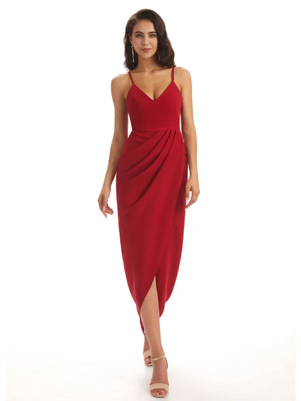 Simple Soft Satin Spaghetti Straps Mermaid Midi Bridesmaid Dresses In Stock sold by ChicSew