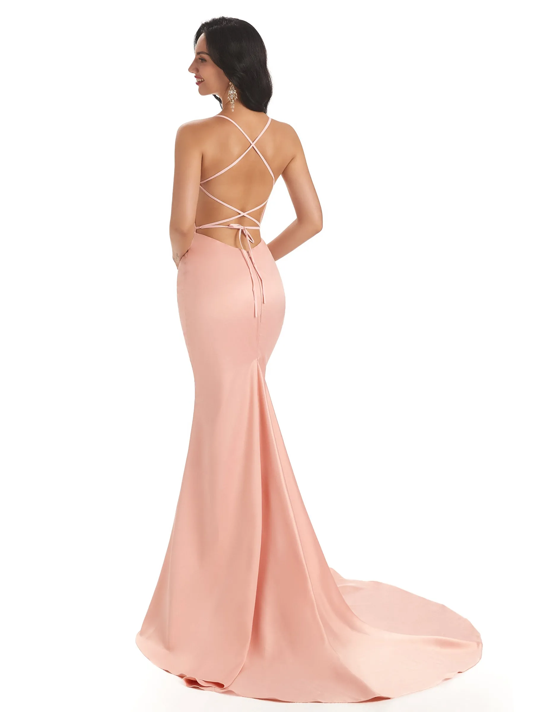 Sexy Backless Spaghetti Straps Soft Satin Long Maxi Mermaid Bridesmaid Dresses in stock sold by ChicSew product image thumbnail 3