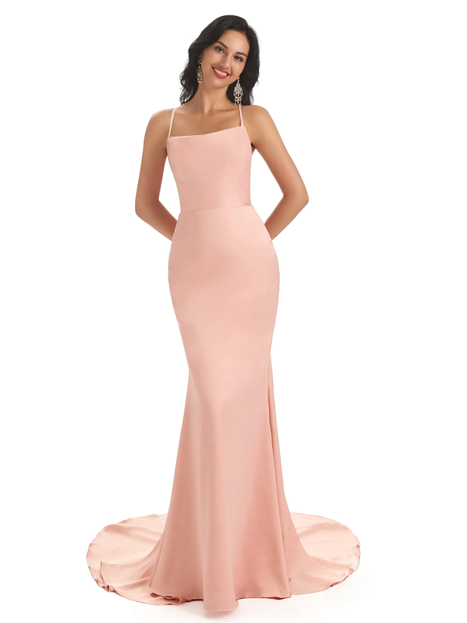 Sexy Backless Spaghetti Straps Soft Satin Long Maxi Mermaid Bridesmaid Dresses in stock sold by ChicSew