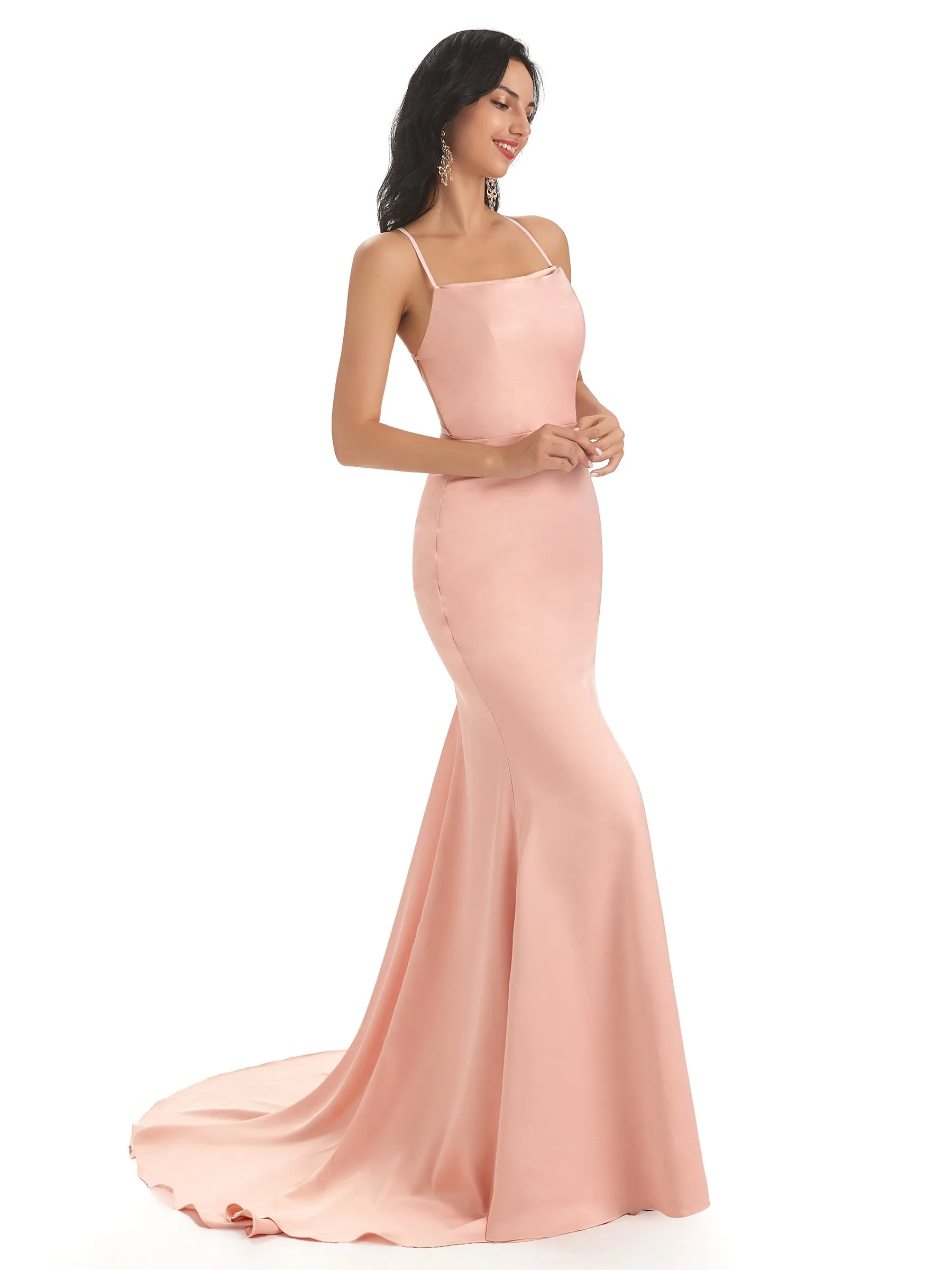 Sexy Backless Spaghetti Straps Soft Satin Long Maxi Mermaid Bridesmaid Dresses in stock sold by ChicSew product image thumbnail 4