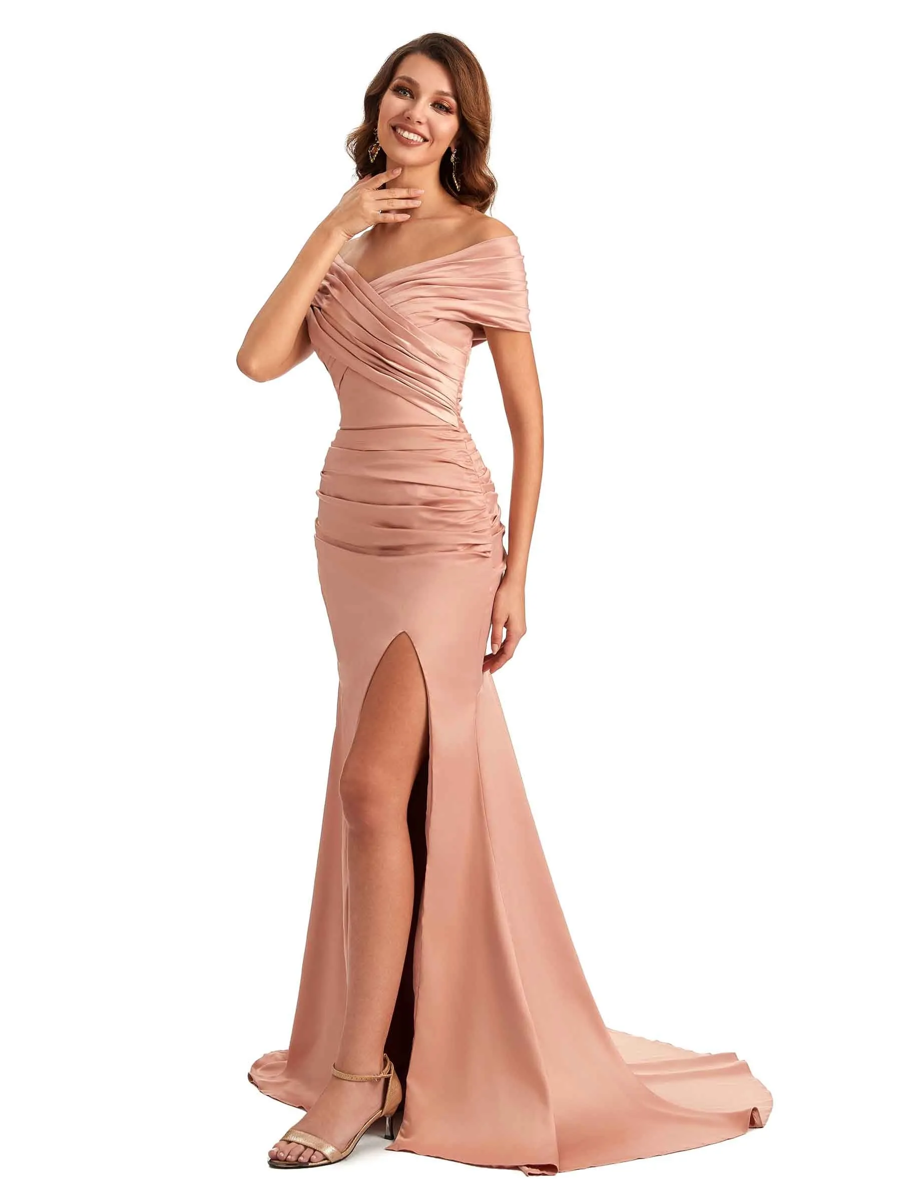 Sexy Off The Shoulder Side Slit Mermaid Satin Unique Long Formal Wedding Guest Dresses In Stock sold by ChicSew product image thumbnail 5