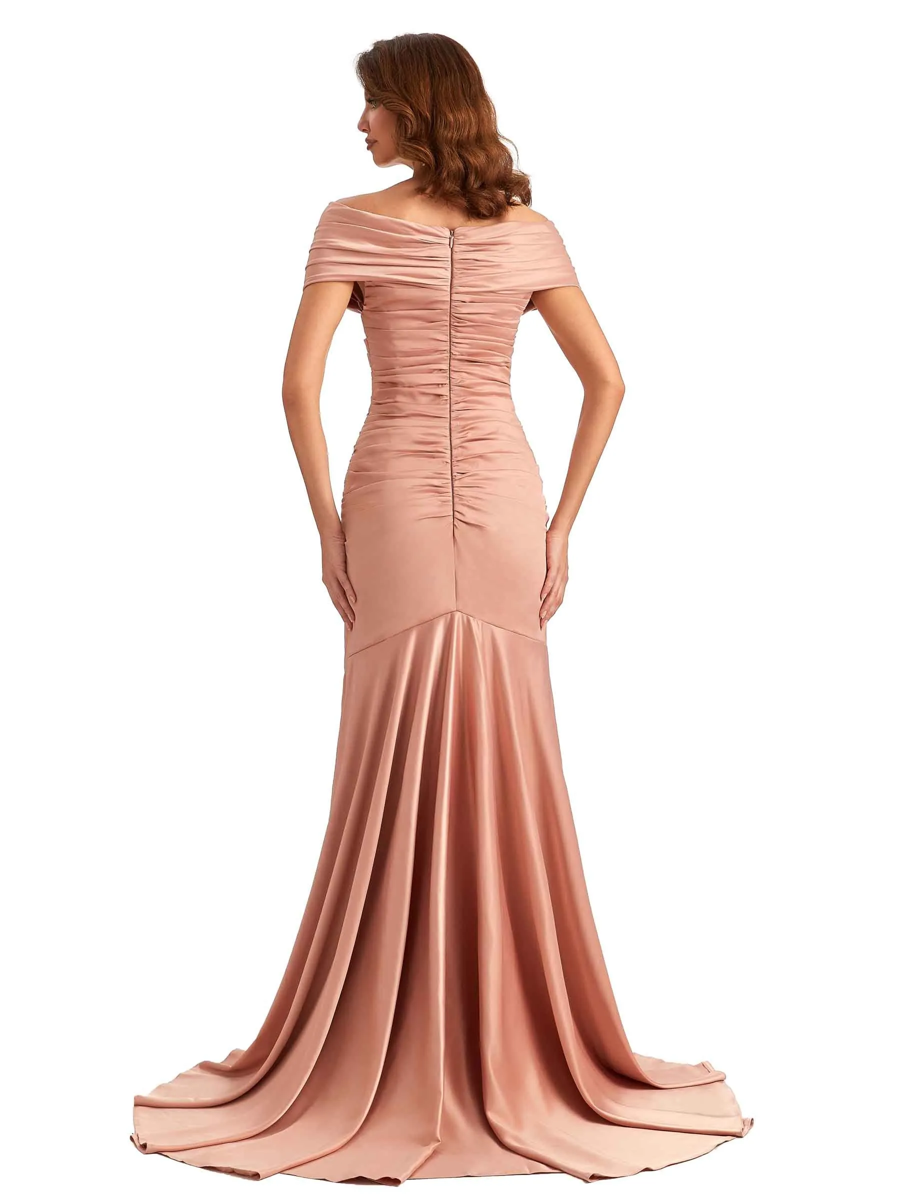 Sexy Off The Shoulder Side Slit Mermaid Satin Unique Long Formal Wedding Guest Dresses In Stock sold by ChicSew product image thumbnail 3