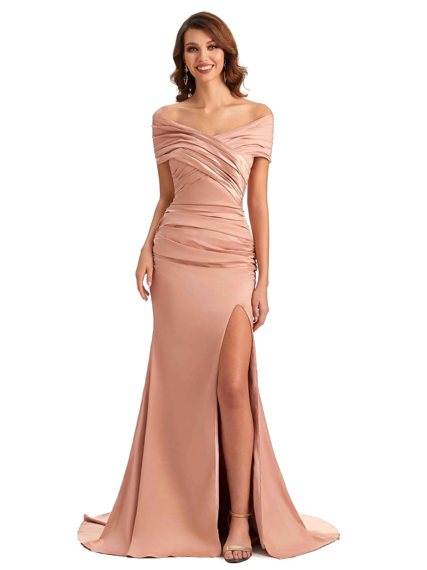 Sexy Off The Shoulder Side Slit Mermaid Satin Unique Long Formal Wedding Guest Dresses In Stock sold by ChicSew