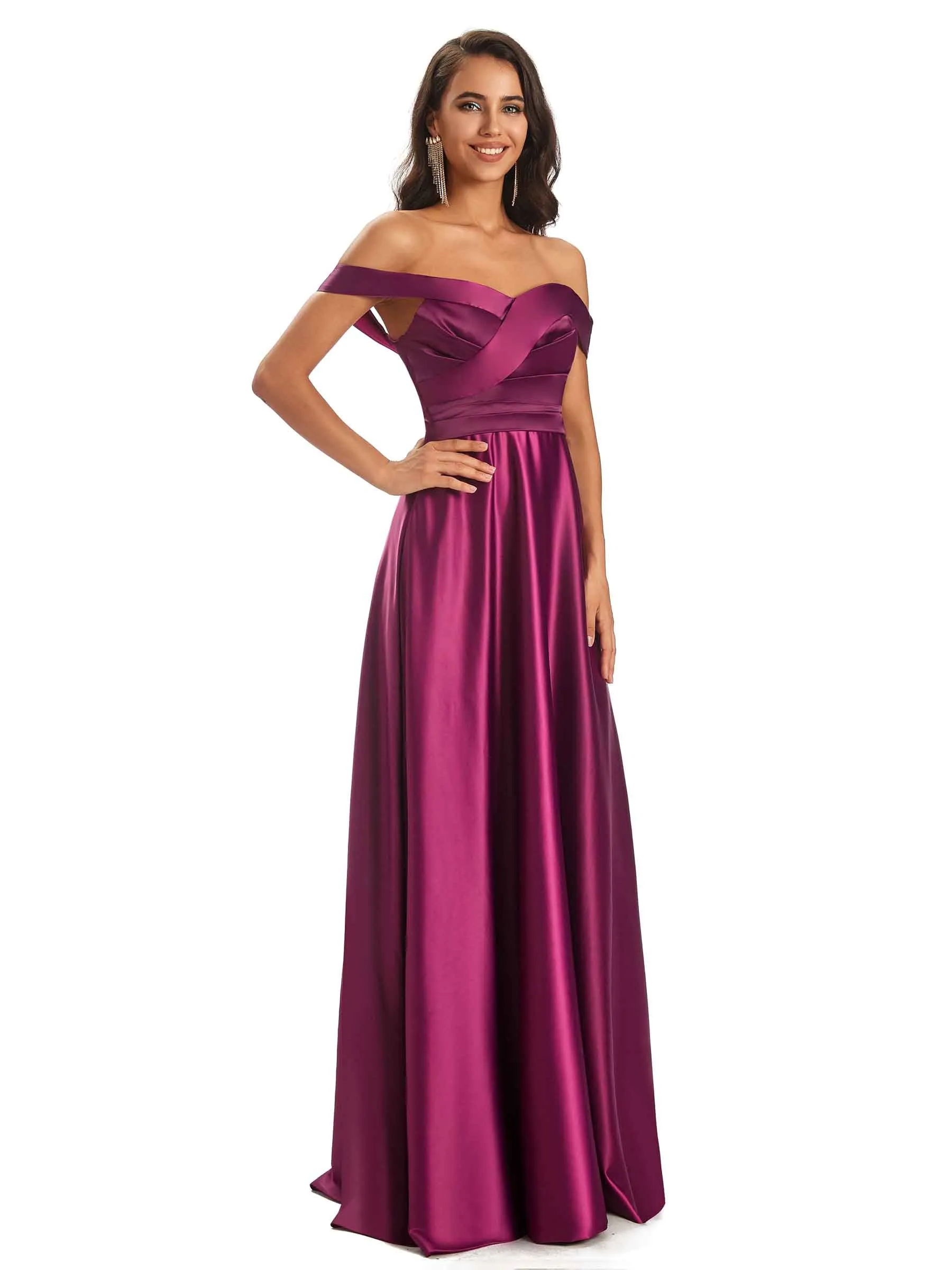 Sexy Soft Satin Off The Shoulder A-Line Long Bridesmaid Dresses Online In Stock sold by ChicSew product image thumbnail 5