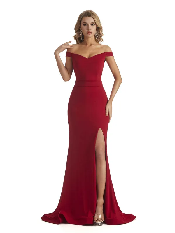 Elegant Off the Shoulder Mermaid Side Slit Stretchy Jersey Long Unique Bridesmaid Dresses In Stock sold by ChicSew