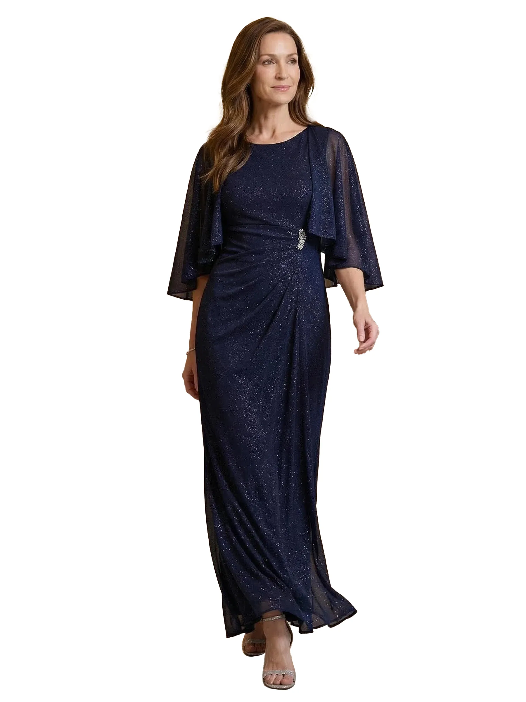 Chicsew Classy Jewel A-Line Cape Sleeves Glitter Jersey Mother Of The Groom Dress Evening Gown sold by ChicSew