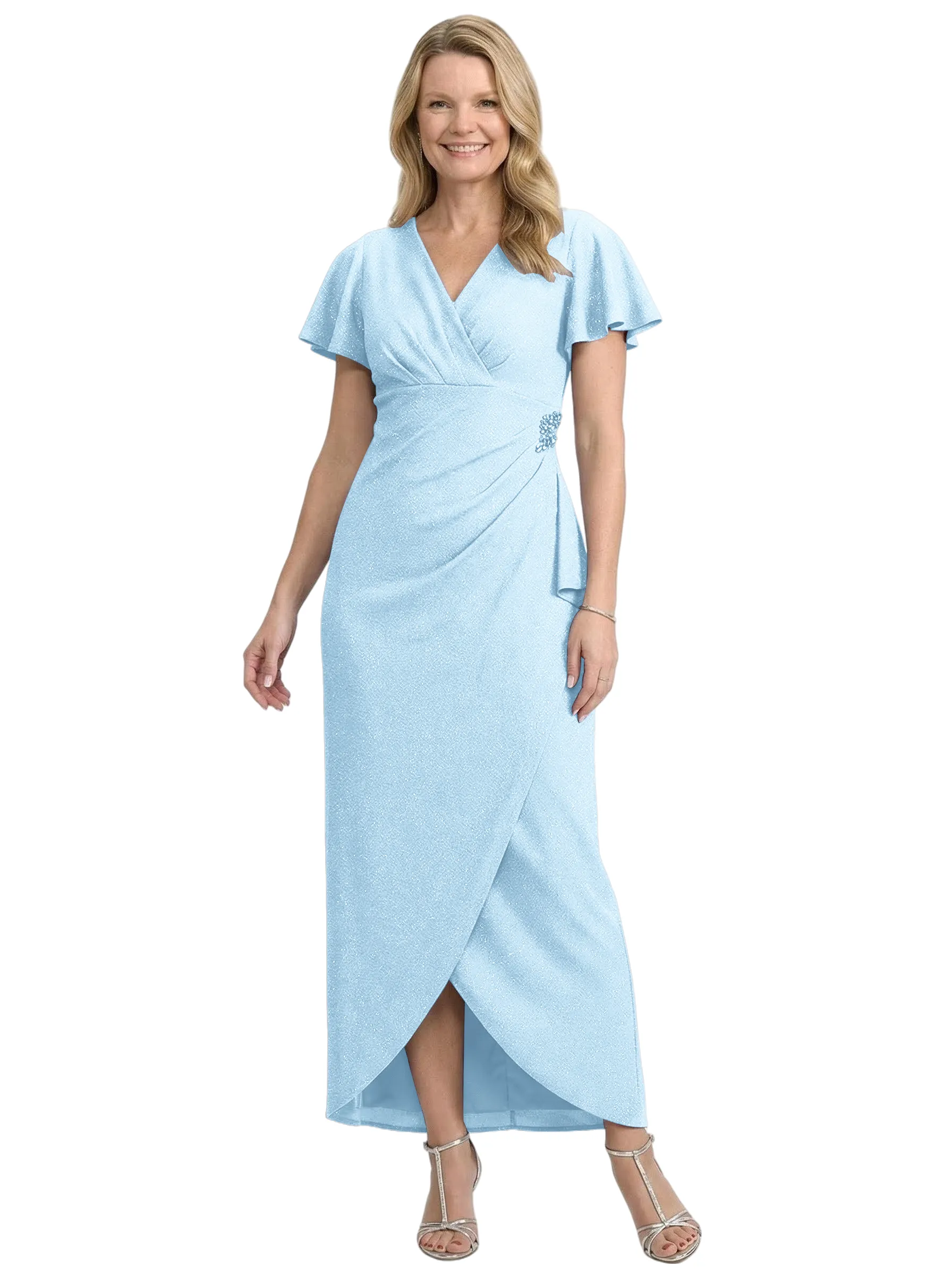 Chicsew Classy V-Neck Sheath Short Sleeves Glitter Jersey Mother Of The Groom Dress Ruched Evening Gown sold by ChicSew product image thumbnail 5