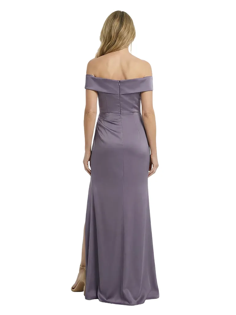 Chicsew Elegant Off The Shoulder Satin Side Slit Mother Of The Bride Dresses Ruched Floor Length Mermaid Gown sold by ChicSew product image thumbnail 3