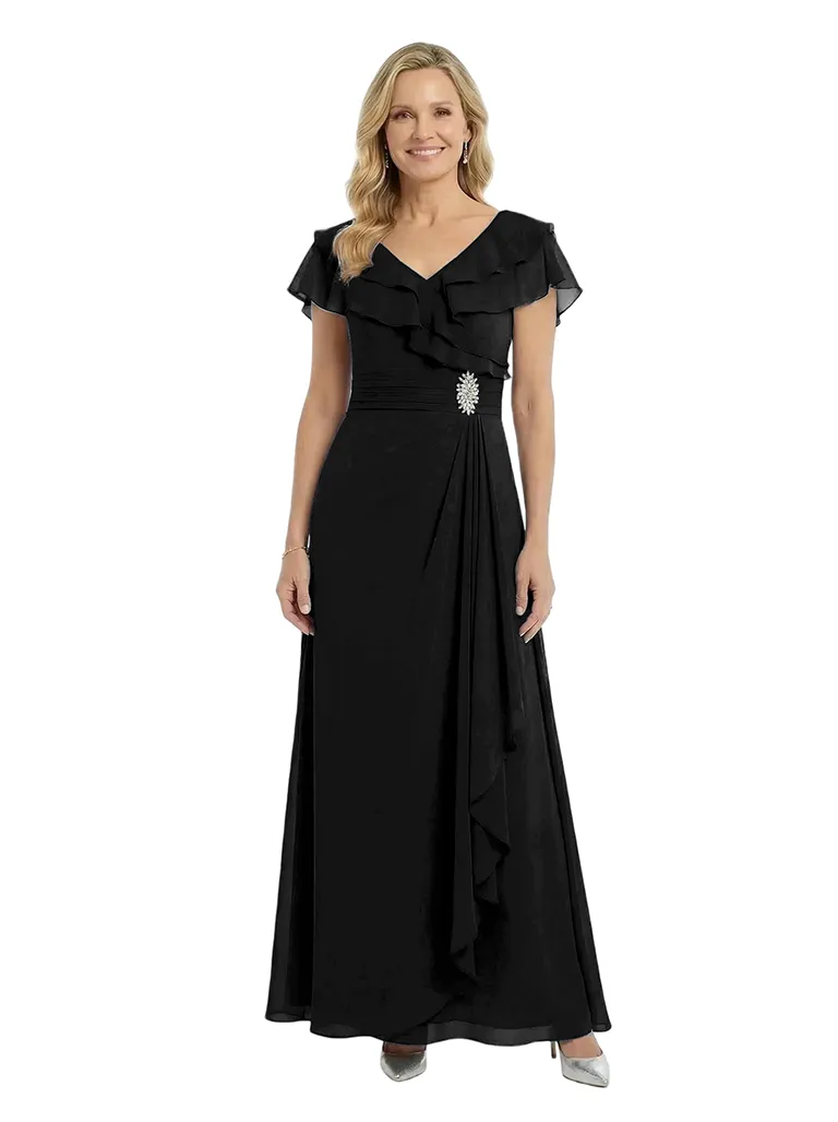 ChicSew Beautiful V-Neck Flutter Sleeves A-Line Mother Of The Groom Dresses With Ruffle Maxi Gown sold by ChicSew product image thumbnail 4