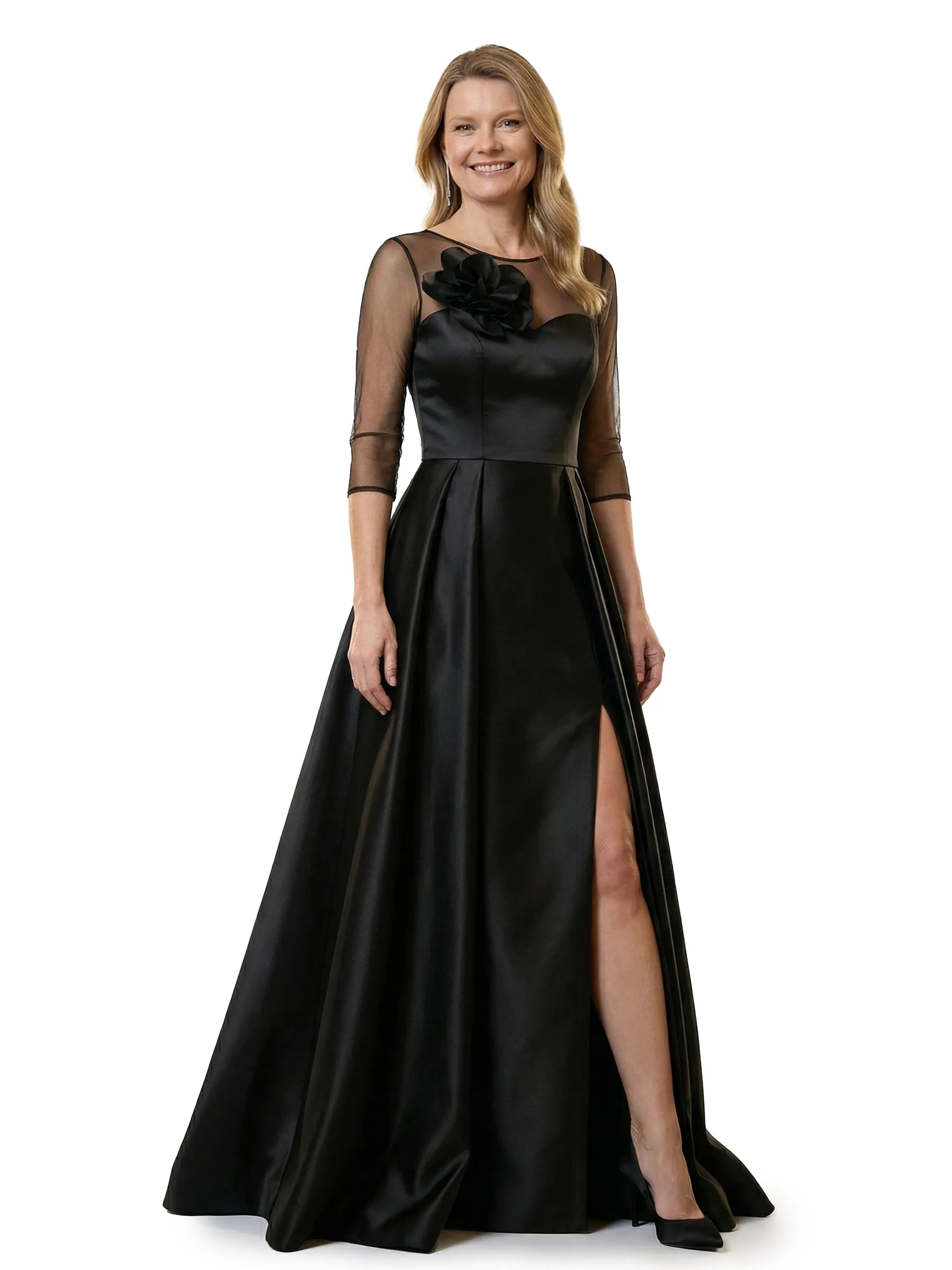 Chicsew Modern Illusion Half Sleeves Mother Of The Bride Dresses Satin A-Line Side Slit Overskirt With Rosette sold by ChicSew