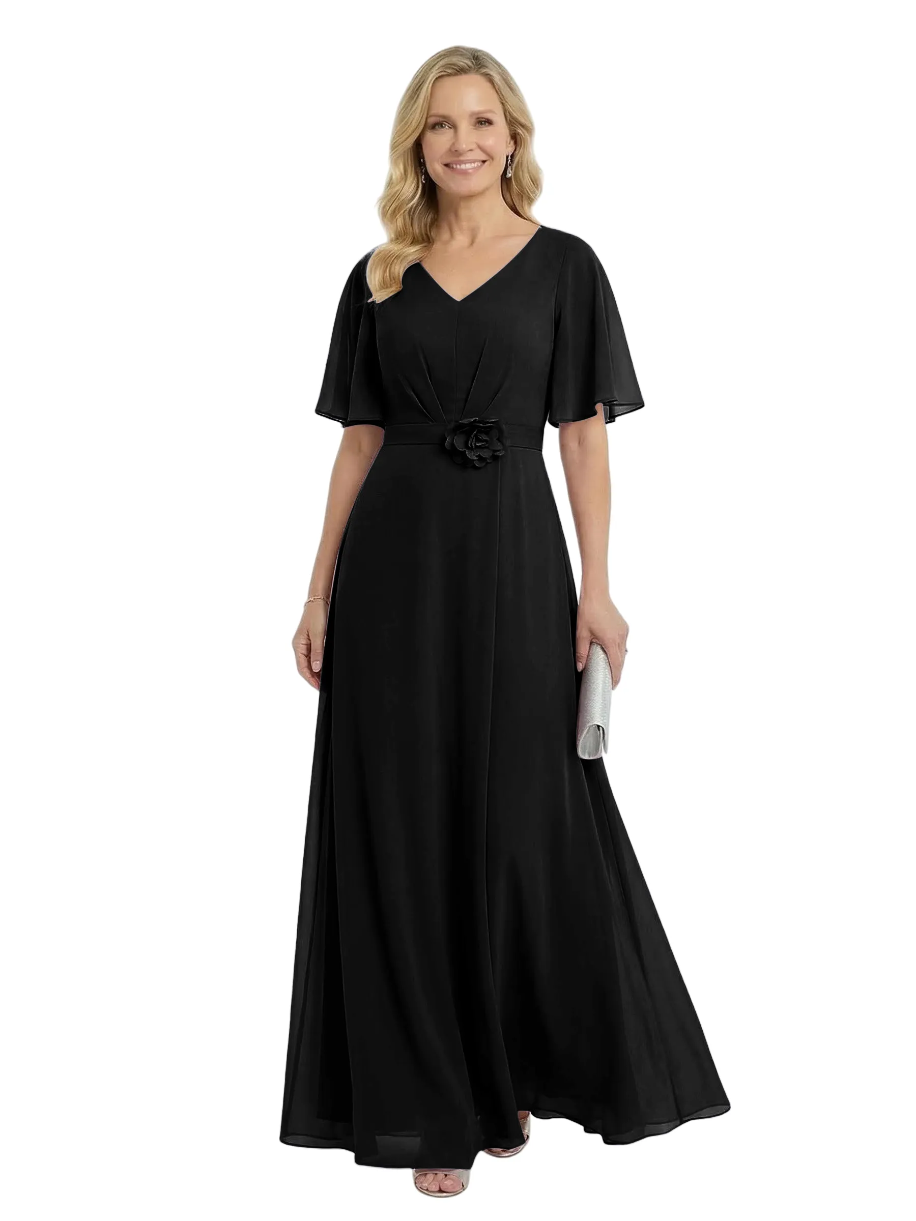 ChicSew Pretty V-Neck Flutter Sleeves Mother Of The Groom Dresses Chiffon A-Line Gown With Flower sold by ChicSew product image thumbnail 4