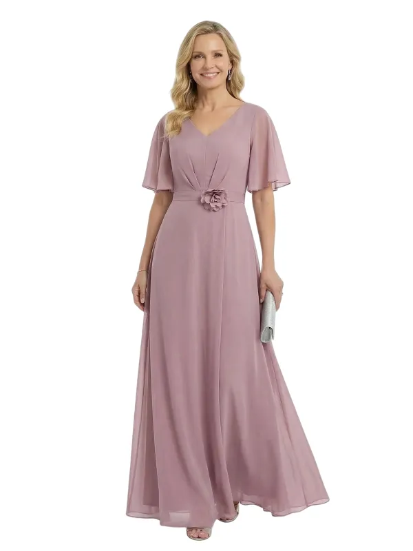 ChicSew Pretty V-Neck Flutter Sleeves Mother Of The Groom Dresses Chiffon A-Line Gown With Flower sold by ChicSew