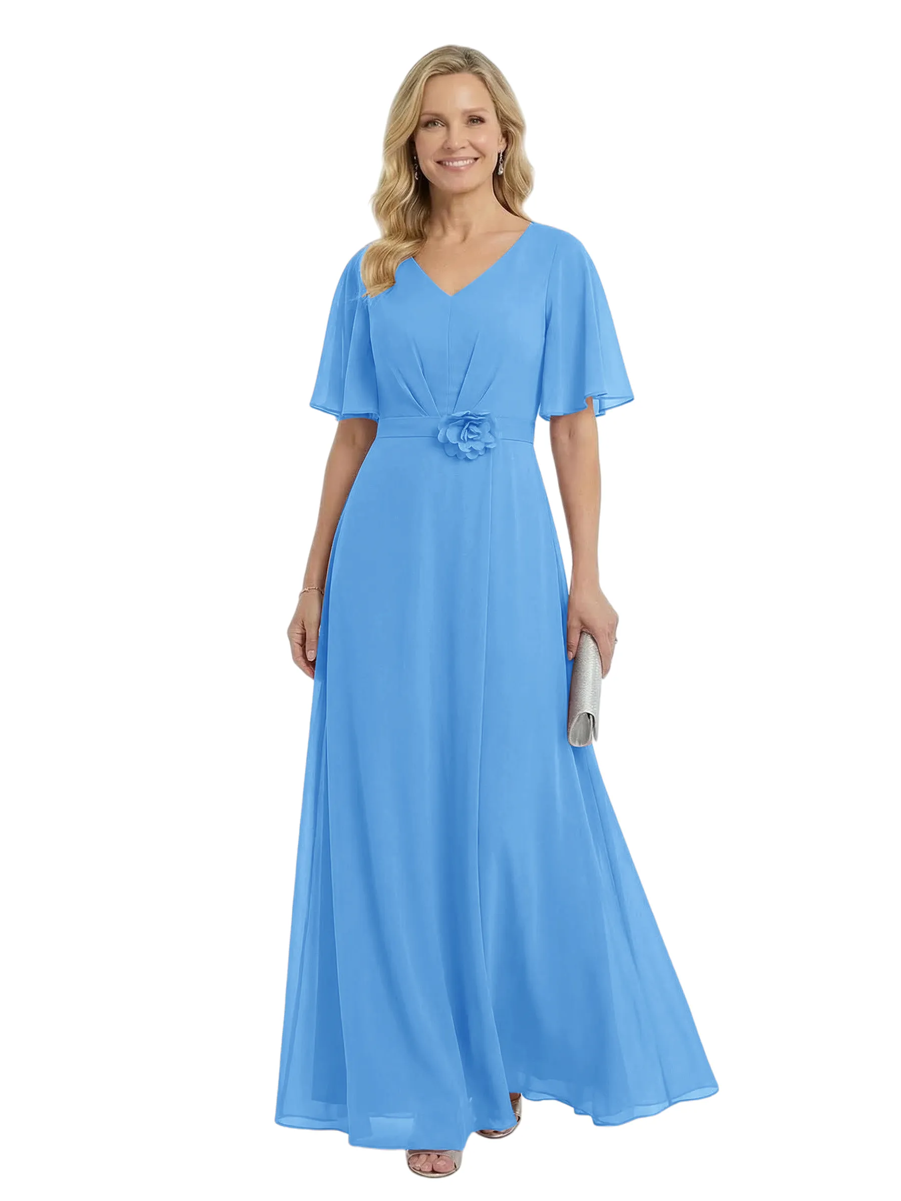 ChicSew Pretty V-Neck Flutter Sleeves Mother Of The Groom Dresses Chiffon A-Line Gown With Flower sold by ChicSew product image thumbnail 5