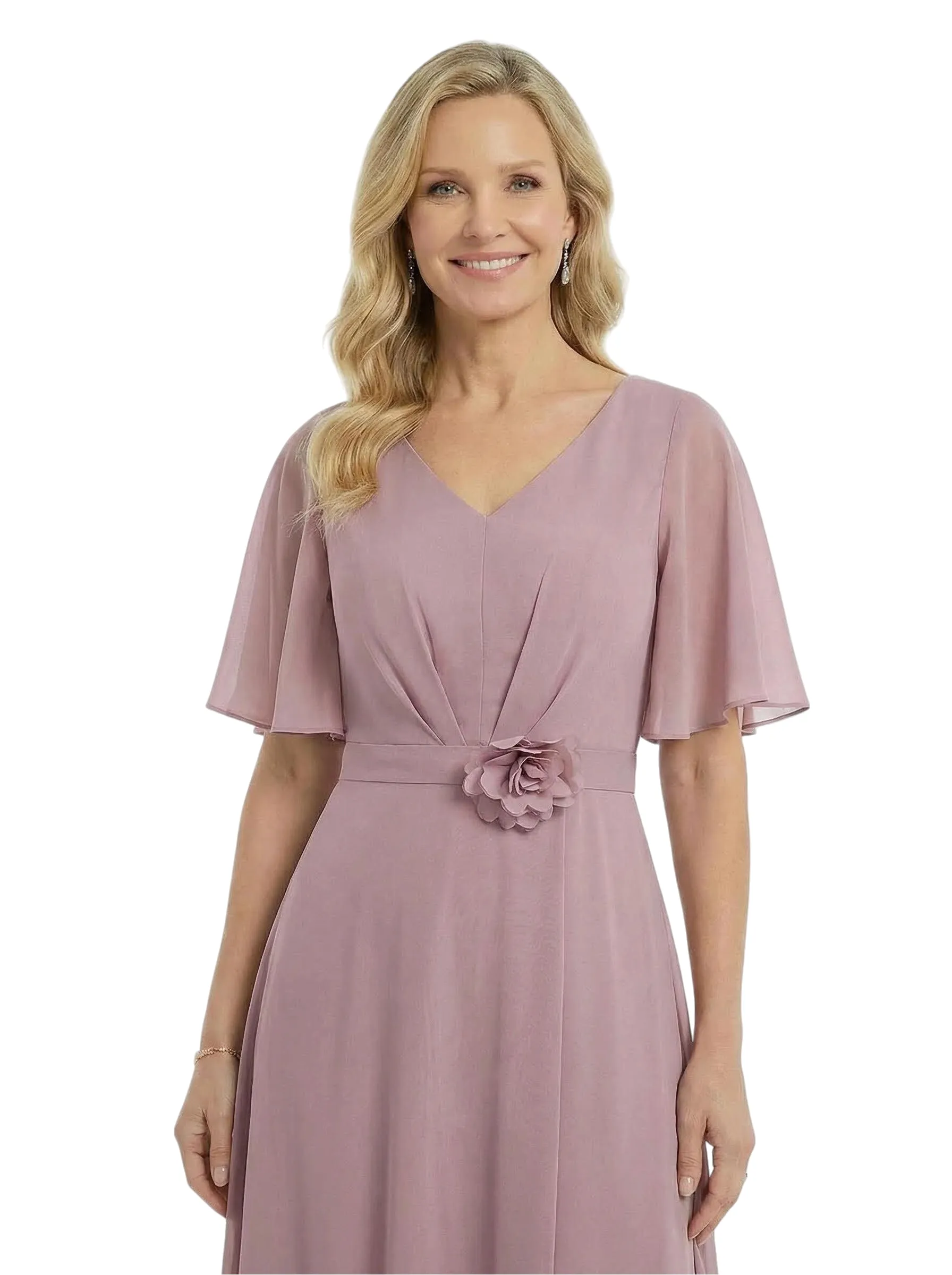 ChicSew Pretty V-Neck Flutter Sleeves Mother Of The Groom Dresses Chiffon A-Line Gown With Flower sold by ChicSew product image thumbnail 2