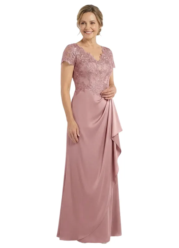 Chicsew V-Neck Short Sleeve Lace Satin Ruched Ruffle Detail Floor Length Elegant Mother of the Bride Dresses sold by ChicSew