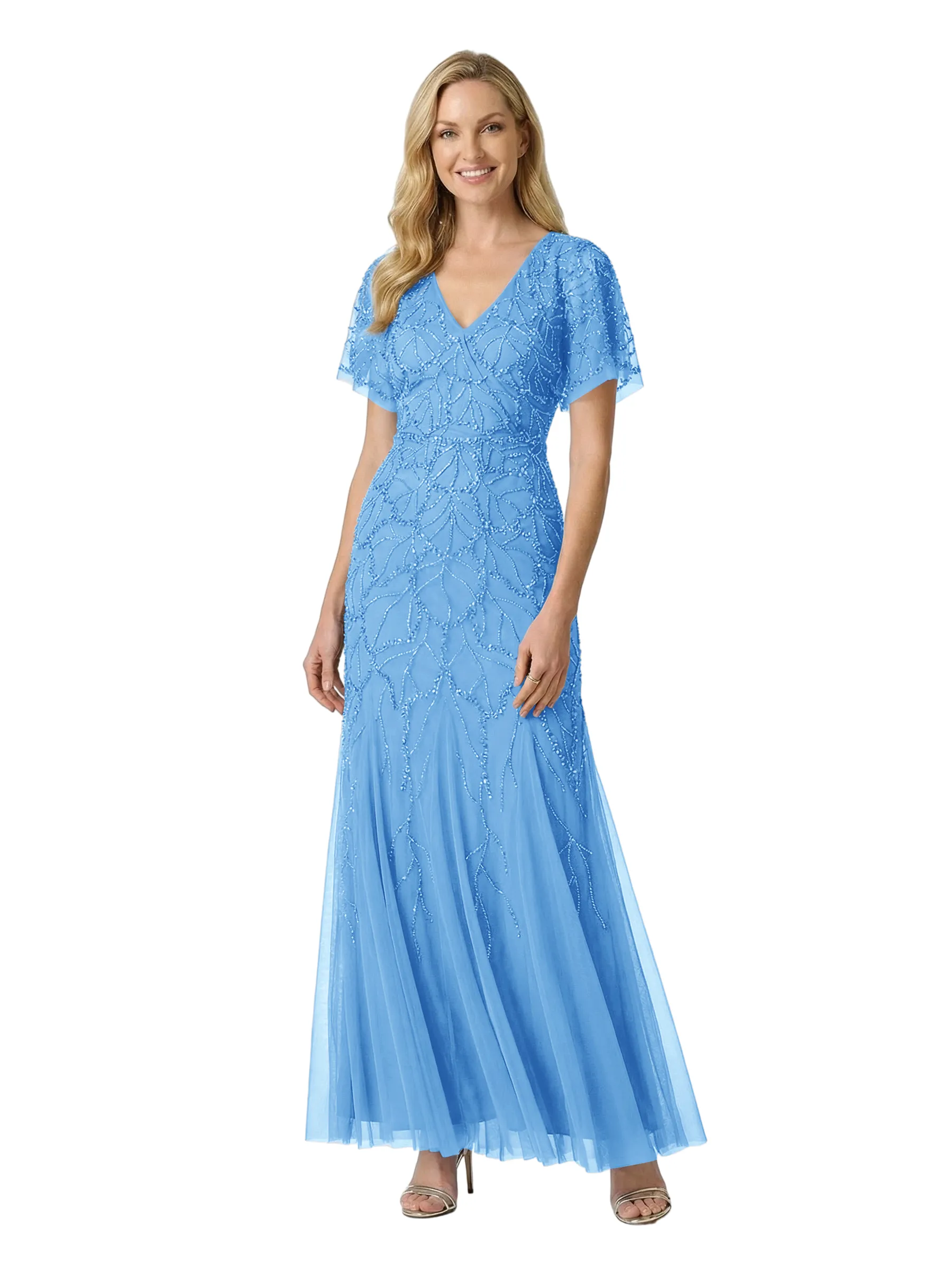 ChicSew Short Sleeve V-Neck Tulle Beaded Long Dress Sparkly Mother Of The Bride Gown sold by ChicSew product image thumbnail 5