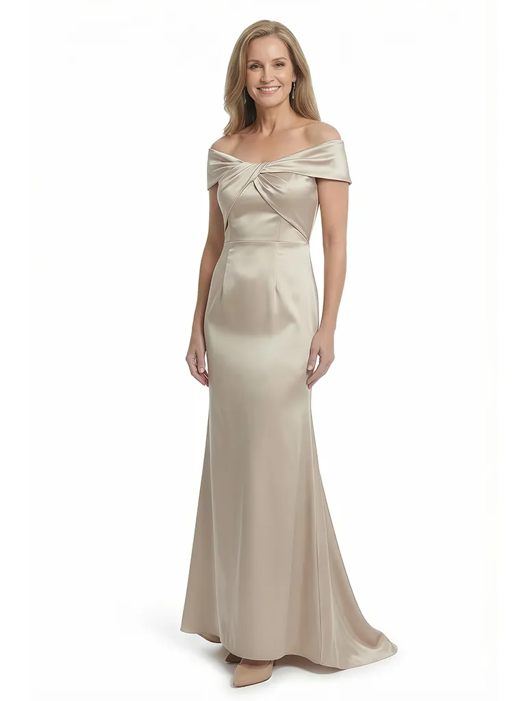 Chicsew Off Shoulder Mermaid Floor Length Satin Twisted Detail Elegant Mom Of The Groom Dresses sold by ChicSew