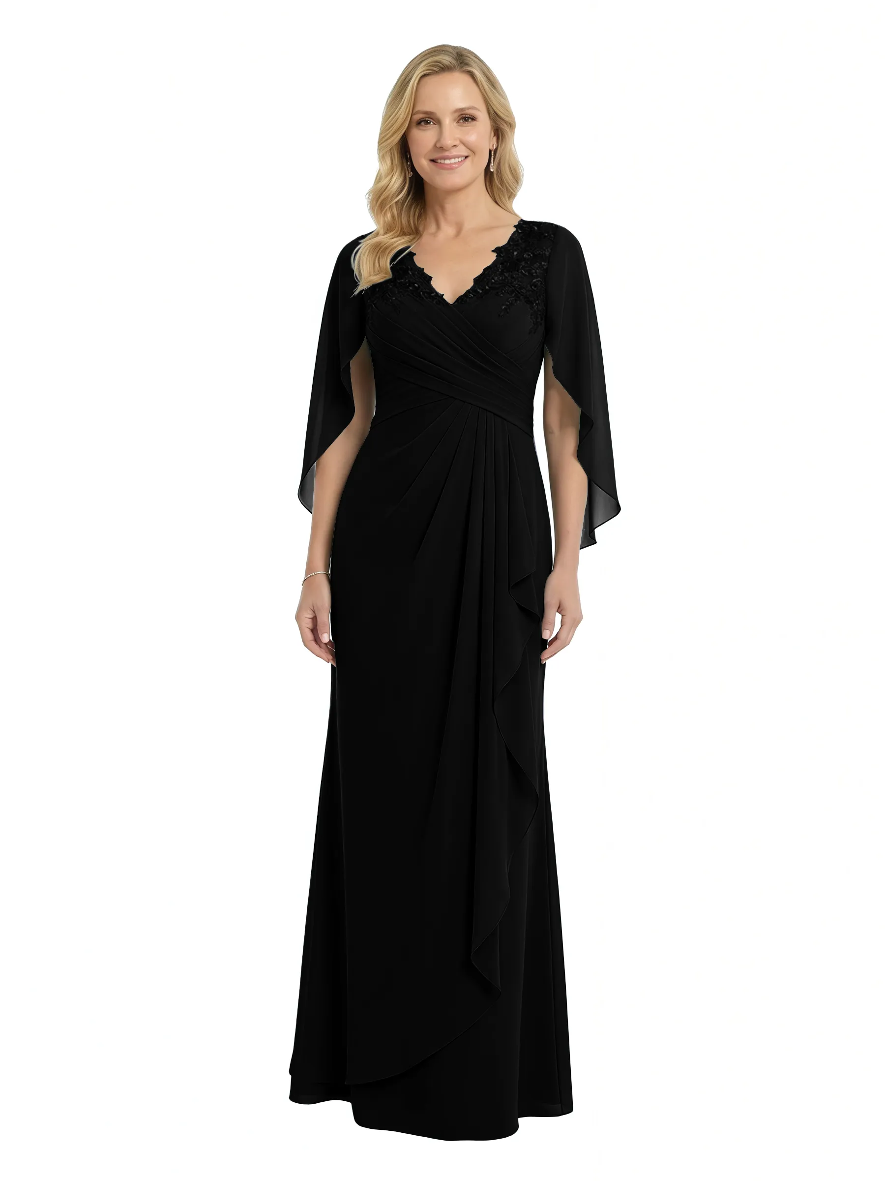 ChicSew Beautiful Cape Sleeve V-Neck Chiffon Ruffle Mother Of The Groom Dress With Lace Applique sold by ChicSew product image thumbnail 4