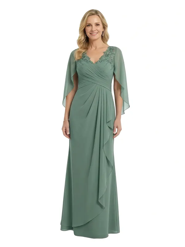 ChicSew Beautiful Cape Sleeve V-Neck Chiffon Ruffle Mother Of The Groom Dress With Lace Applique sold by ChicSew