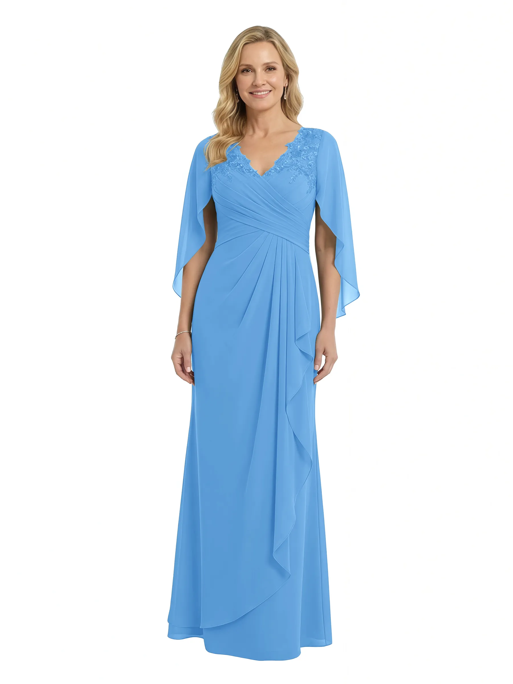 ChicSew Beautiful Cape Sleeve V-Neck Chiffon Ruffle Mother Of The Groom Dress With Lace Applique sold by ChicSew product image thumbnail 5