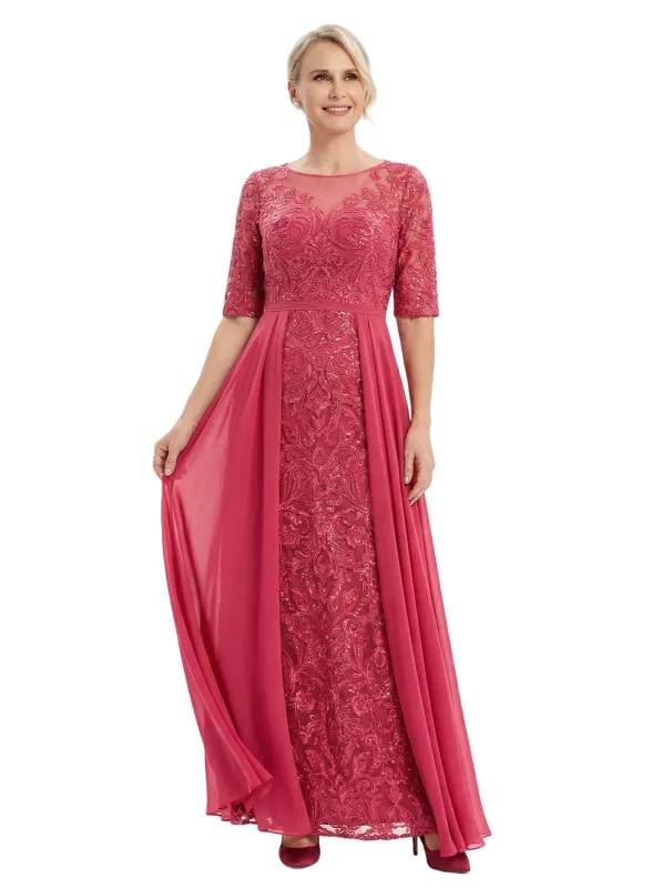 Chicsew Jewel Half Sleeve Lace Applique Chiffon A-Line Floor Length Mother of the Bride Dresses sold by ChicSew