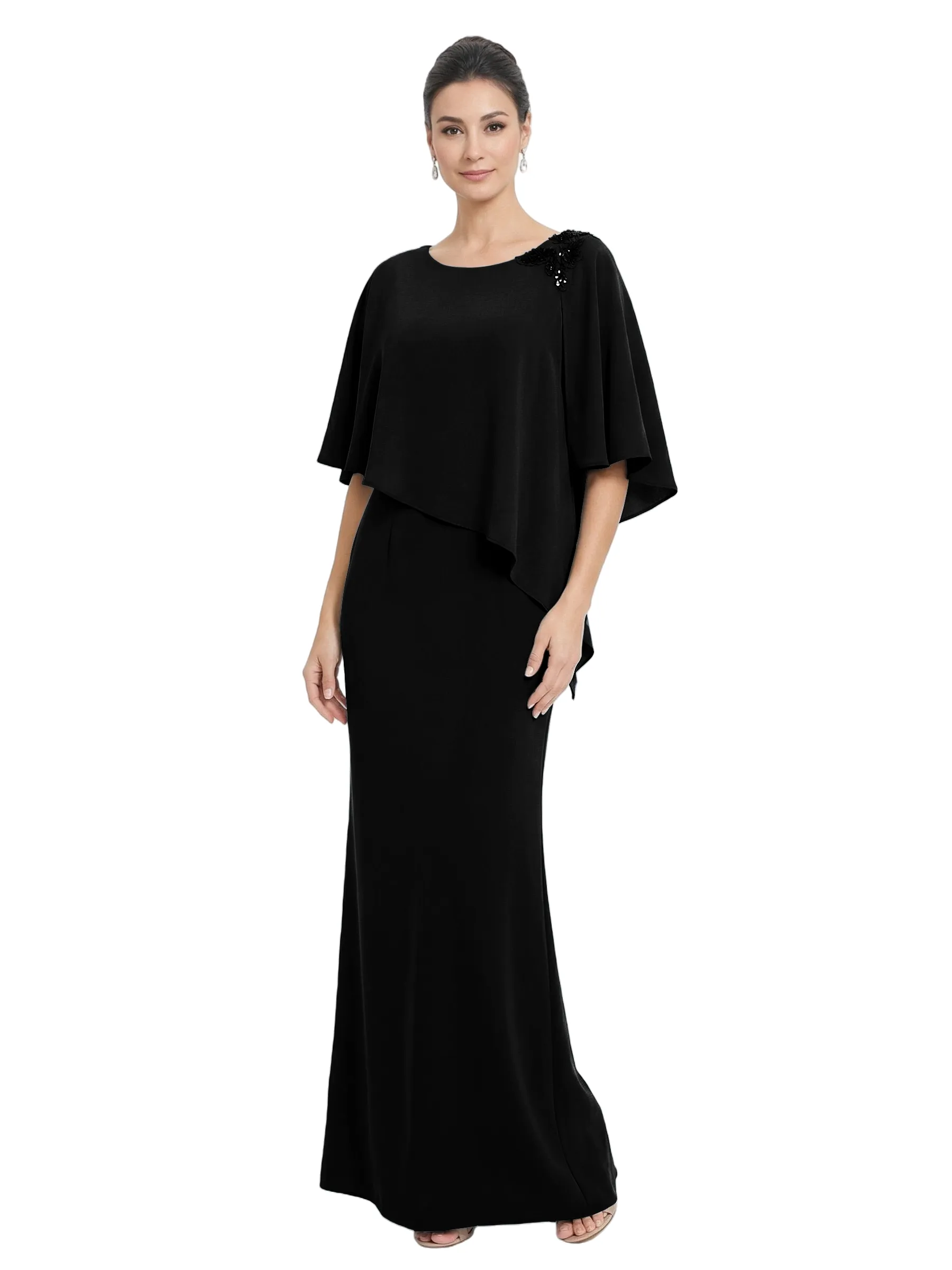 Chicsew Scoop Cape Sleeve Beaded Accent Sheath Floor Length Stretch Crepe Mother of the Bride Dresses sold by ChicSew product image thumbnail 4