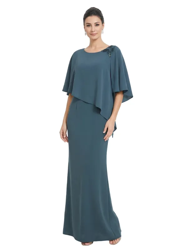 Chicsew Scoop Cape Sleeve Beaded Accent Sheath Floor Length Stretch Crepe Mother of the Bride Dresses made by ChicSew