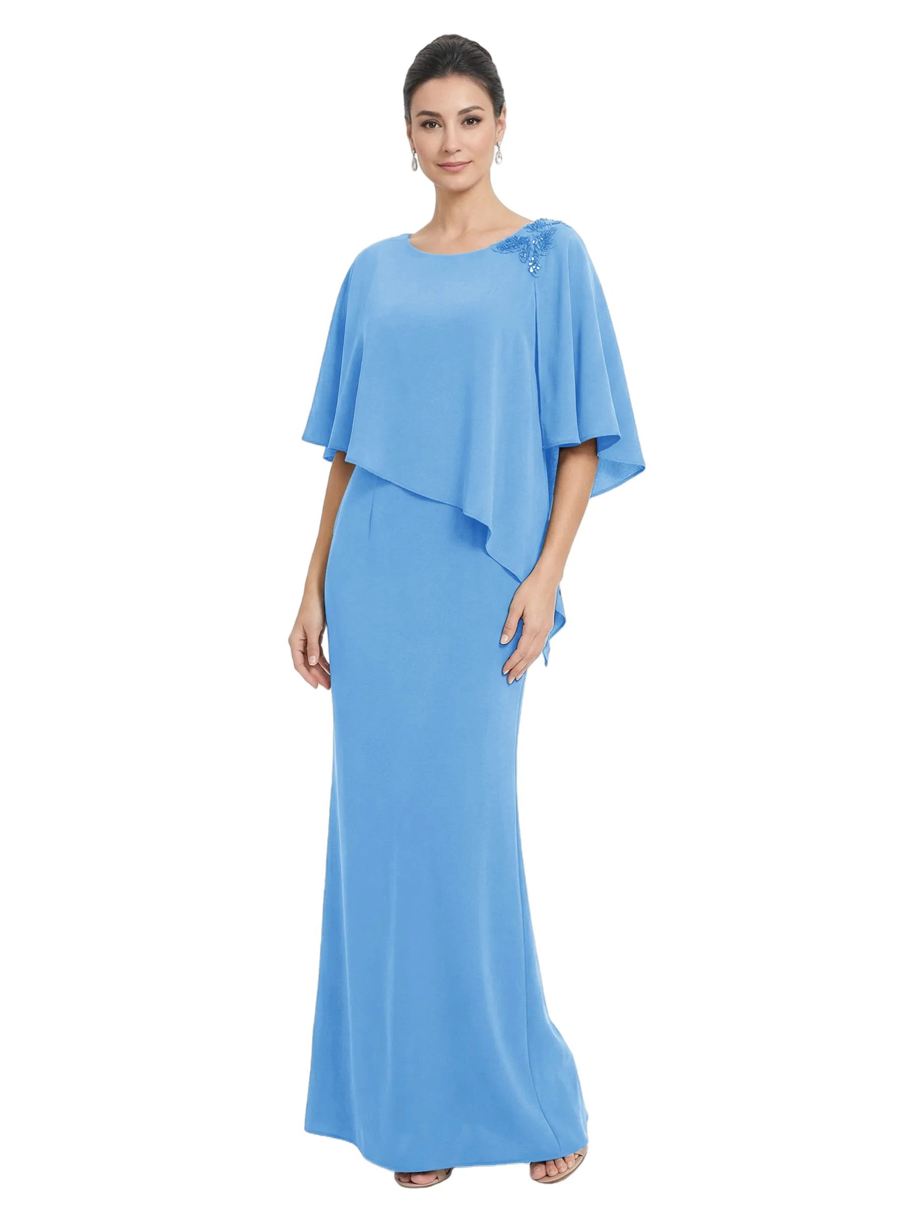 Chicsew Scoop Cape Sleeve Beaded Accent Sheath Floor Length Stretch Crepe Mother of the Bride Dresses sold by ChicSew product image thumbnail 5