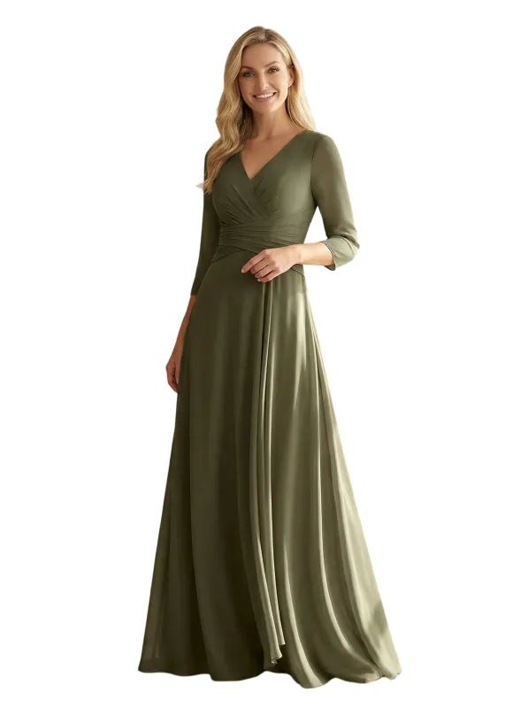 ChicSew Graceful V-Neck Long Sleeve Mother Of The Groom Dress Pleated Chiffon A-Line sold by ChicSew