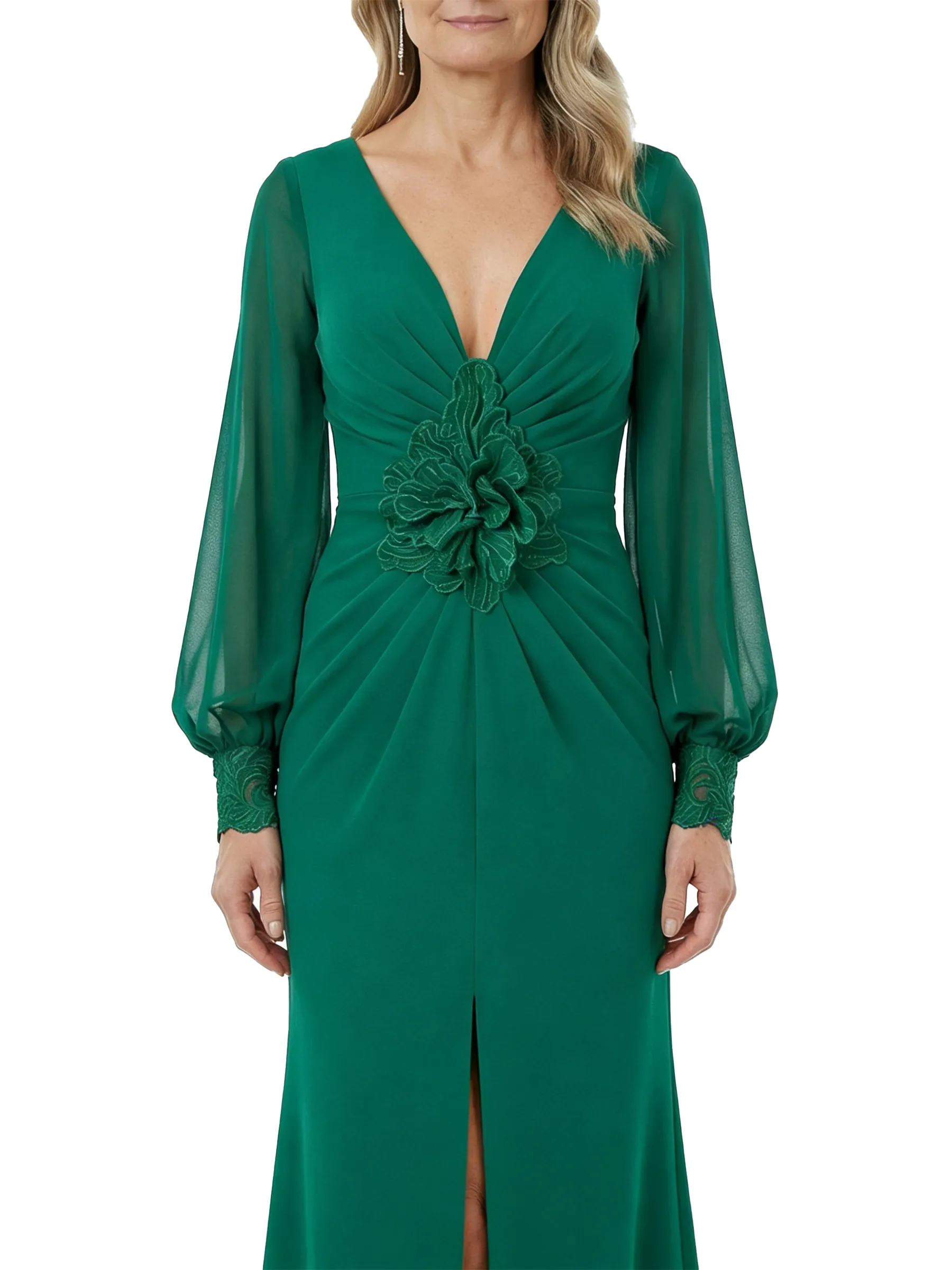 ChicSew Unique V-Neck Long Sleeve Chiffon Mother Of The Bride Gown With Center Slit And Flower Detail sold by ChicSew product image thumbnail 4