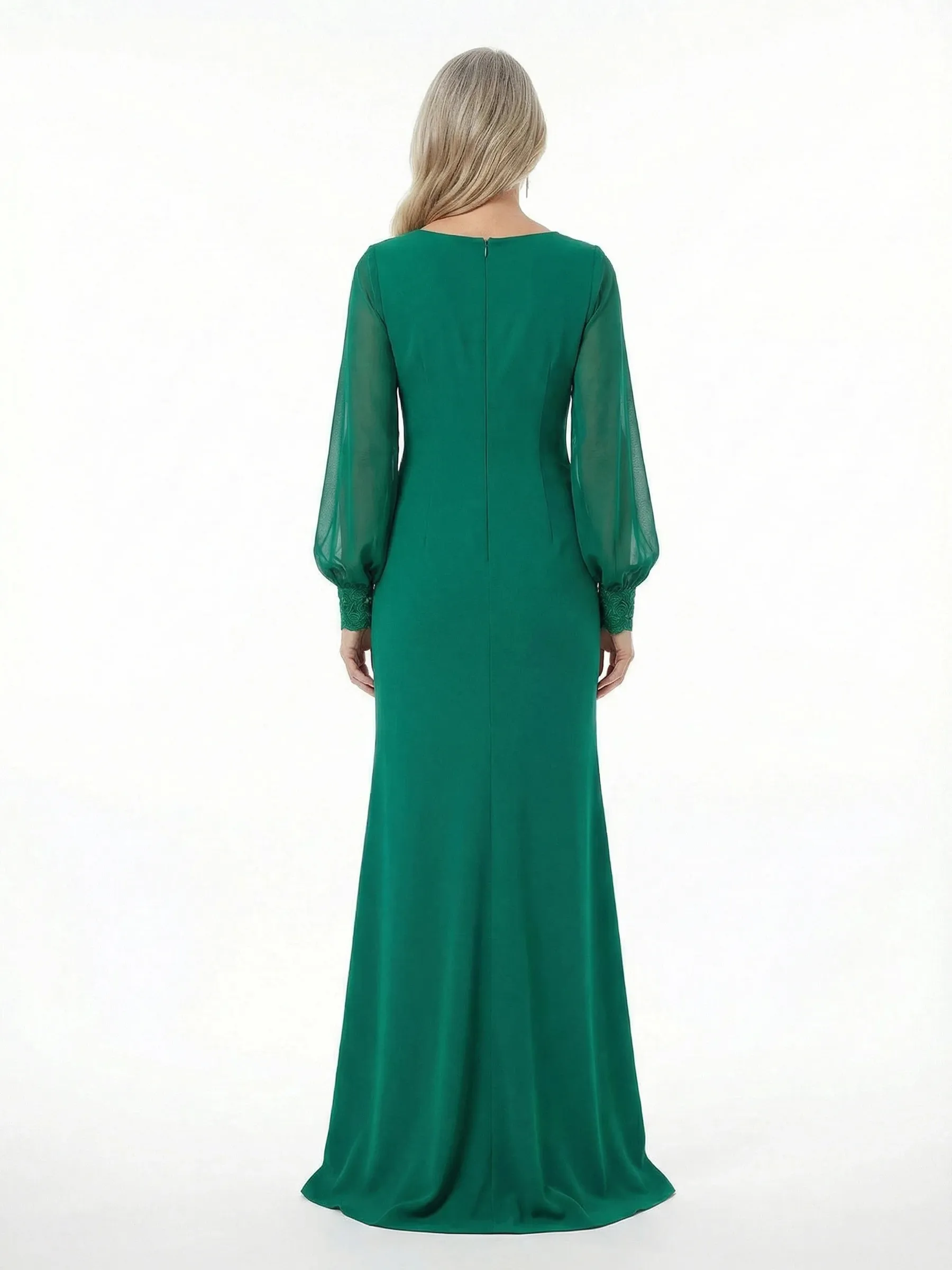 ChicSew Unique V-Neck Long Sleeve Chiffon Mother Of The Bride Gown With Center Slit And Flower Detail sold by ChicSew product image thumbnail 3