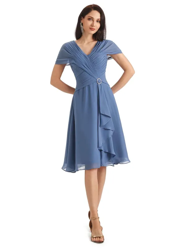 Elegant A-line Chiffon Cap Sleeves V-neck Short Mother of The Bride Dresses in stock made by ChicSew
