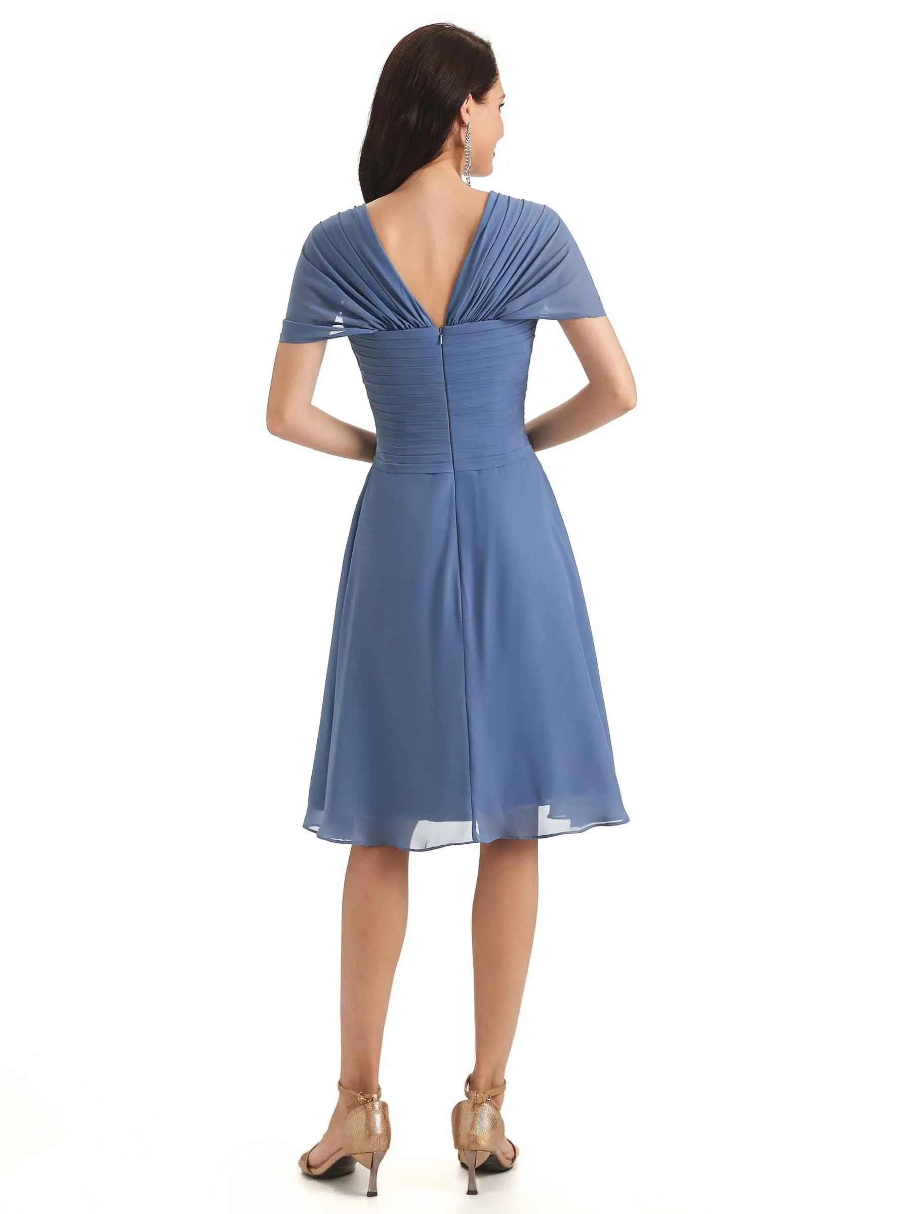 Elegant A-line Chiffon Cap Sleeves V-neck Short Mother of The Bride Dresses in stock sold by ChicSew product image thumbnail 3