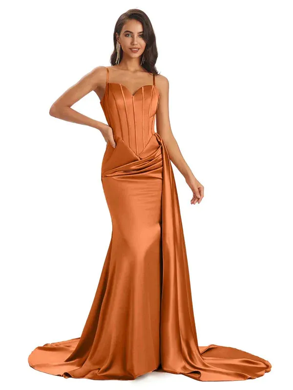 Sexy Mermaid Long Spaghetti Straps Elegant Satin Bridesmaid Dress in stock sold by ChicSew