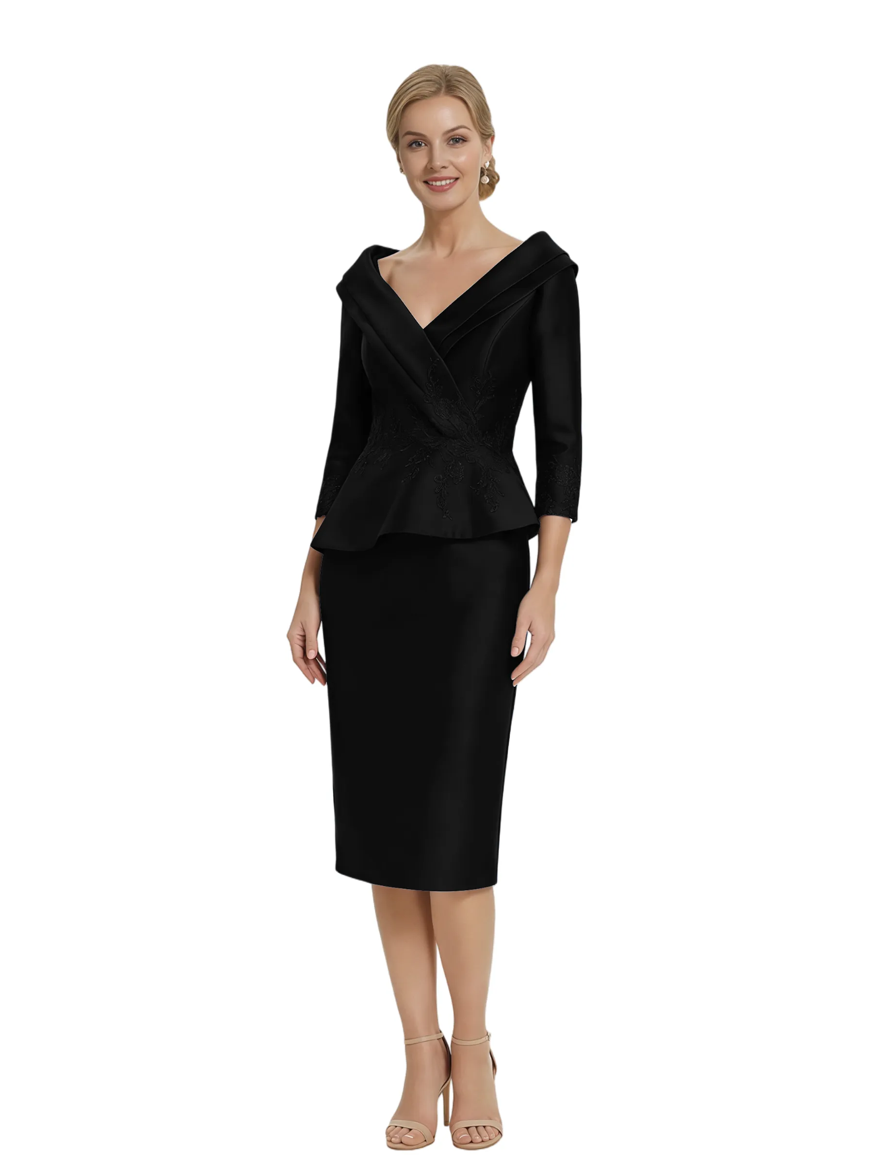 Chicsew V-Neck 3/4 Sleeve Midi Length Lace Satin Classy Mother of the Bride Dresses sold by ChicSew product image thumbnail 4