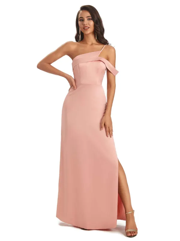 Sexy Soft Satin Side Slit One Shoulder Unique Long Bridesmaid Dresses in stock made by ChicSew