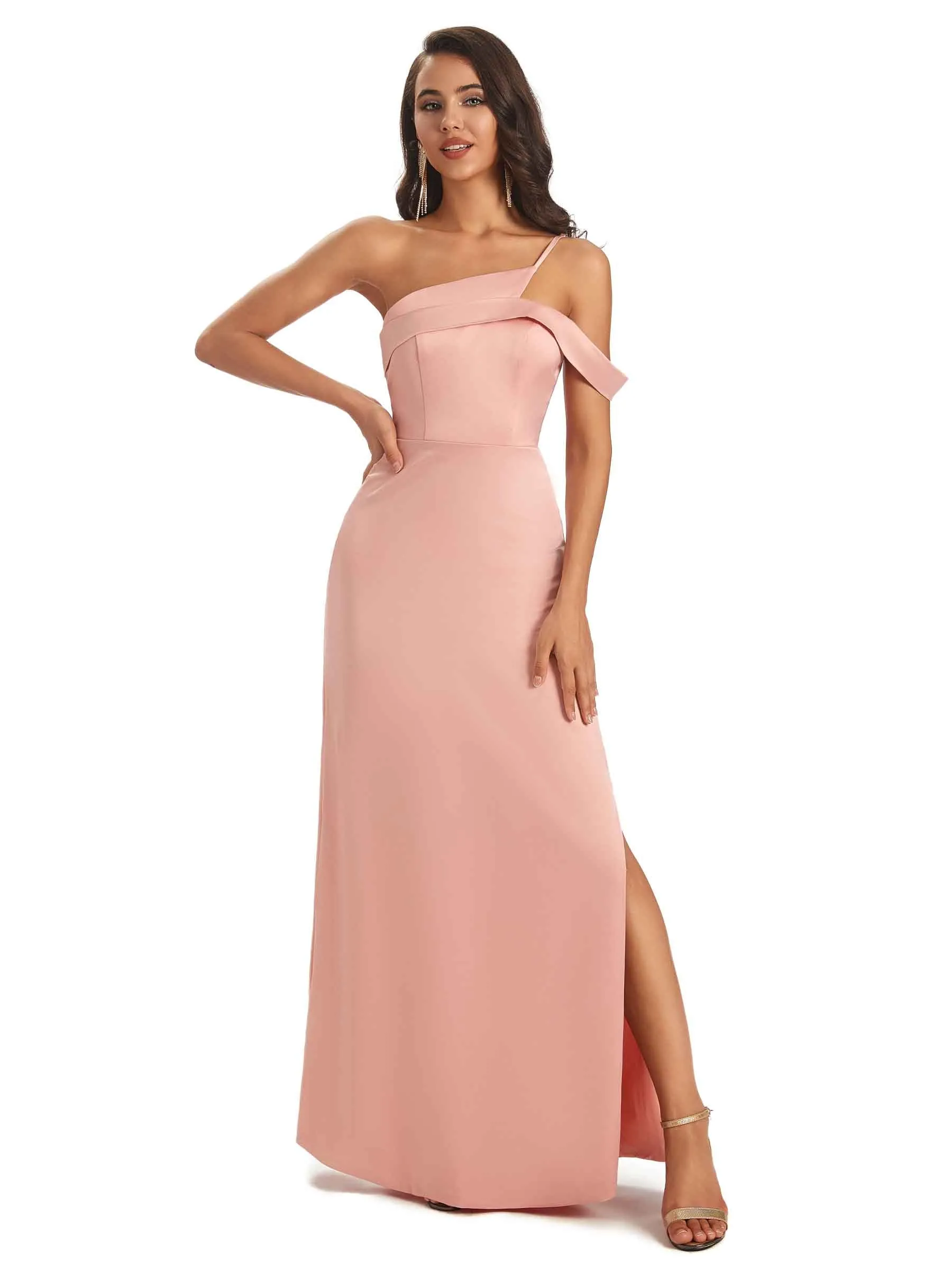 Sexy Soft Satin Side Slit One Shoulder Unique Long Bridesmaid Dresses in stock sold by ChicSew