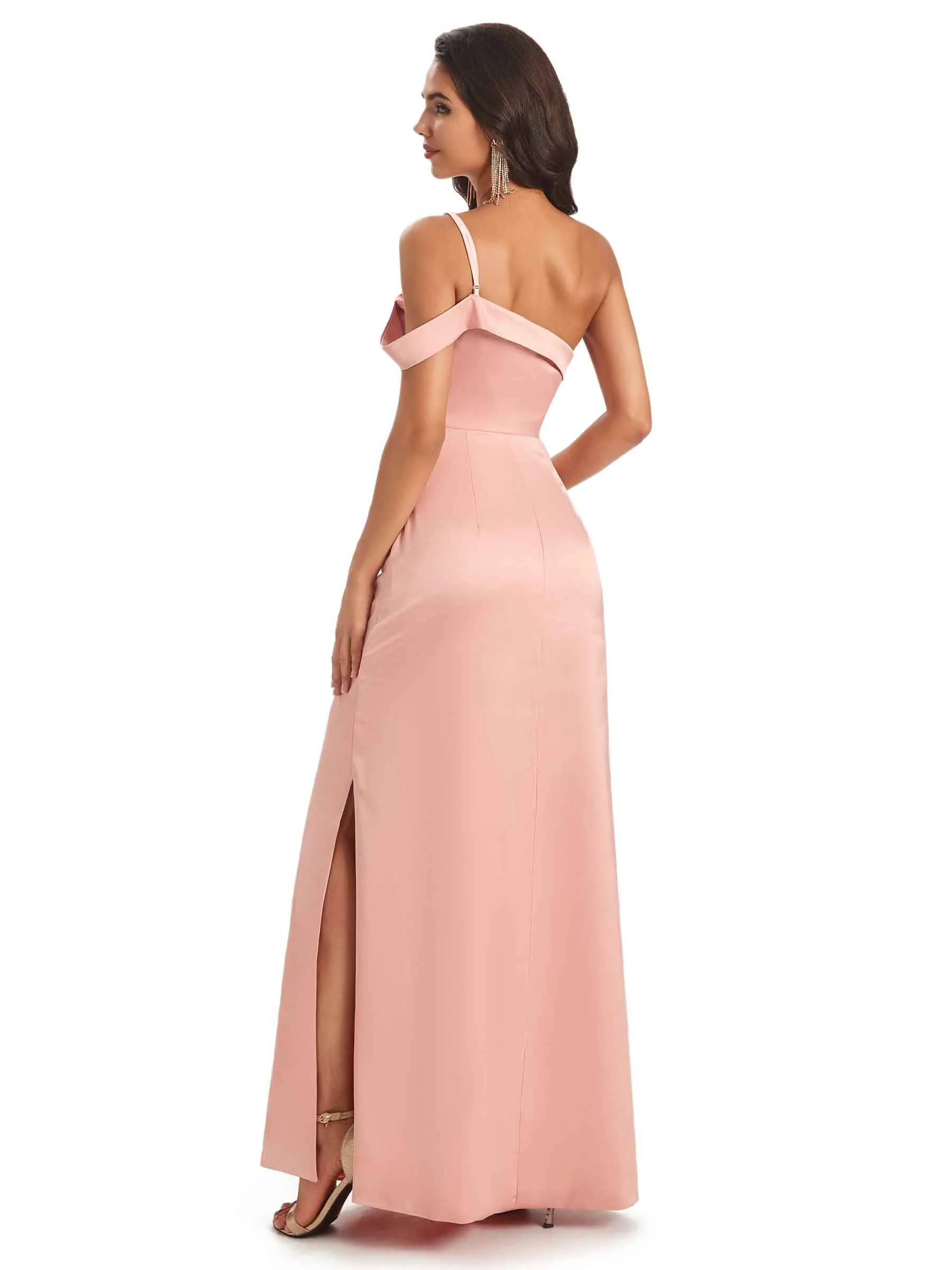 Sexy Soft Satin Side Slit One Shoulder Unique Long Bridesmaid Dresses in stock sold by ChicSew product image thumbnail 3