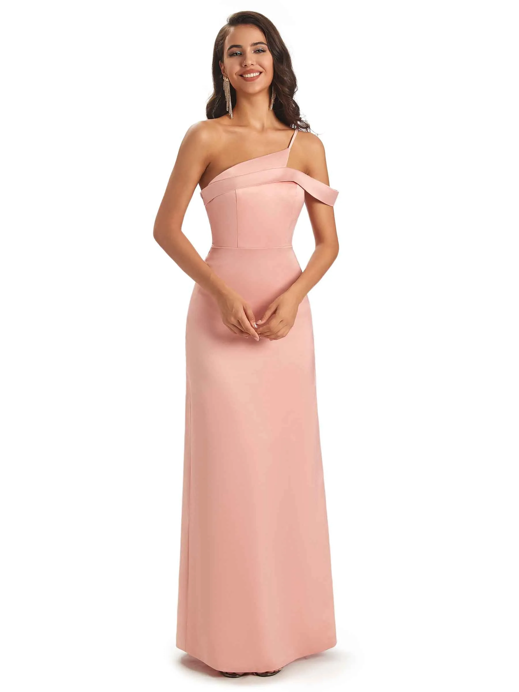 Sexy Soft Satin Side Slit One Shoulder Unique Long Bridesmaid Dresses in stock sold by ChicSew product image thumbnail 5