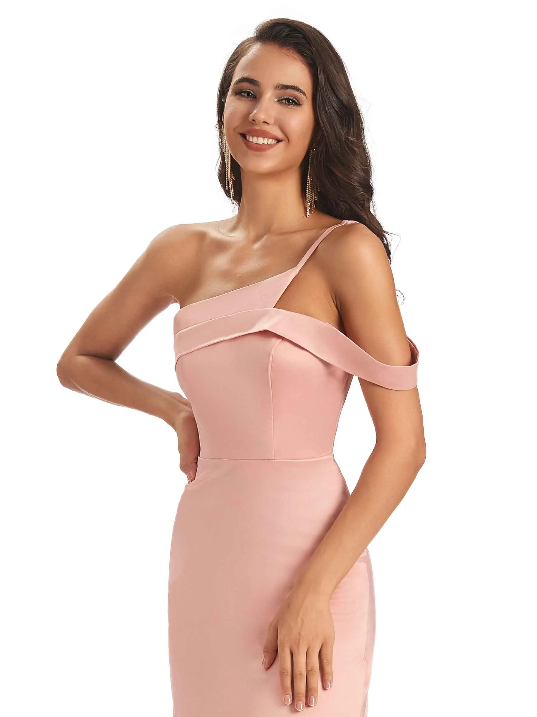 Sexy Soft Satin Side Slit One Shoulder Unique Long Bridesmaid Dresses in stock sold by ChicSew product image thumbnail 2
