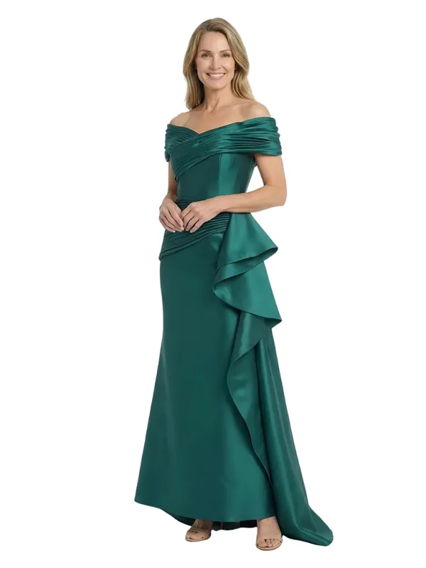Chicsew Elegant Silky Satin Off Shoulder Ruched Ruffle Satin Mermaid Maxi Mother of The Groom Dress sold by ChicSew