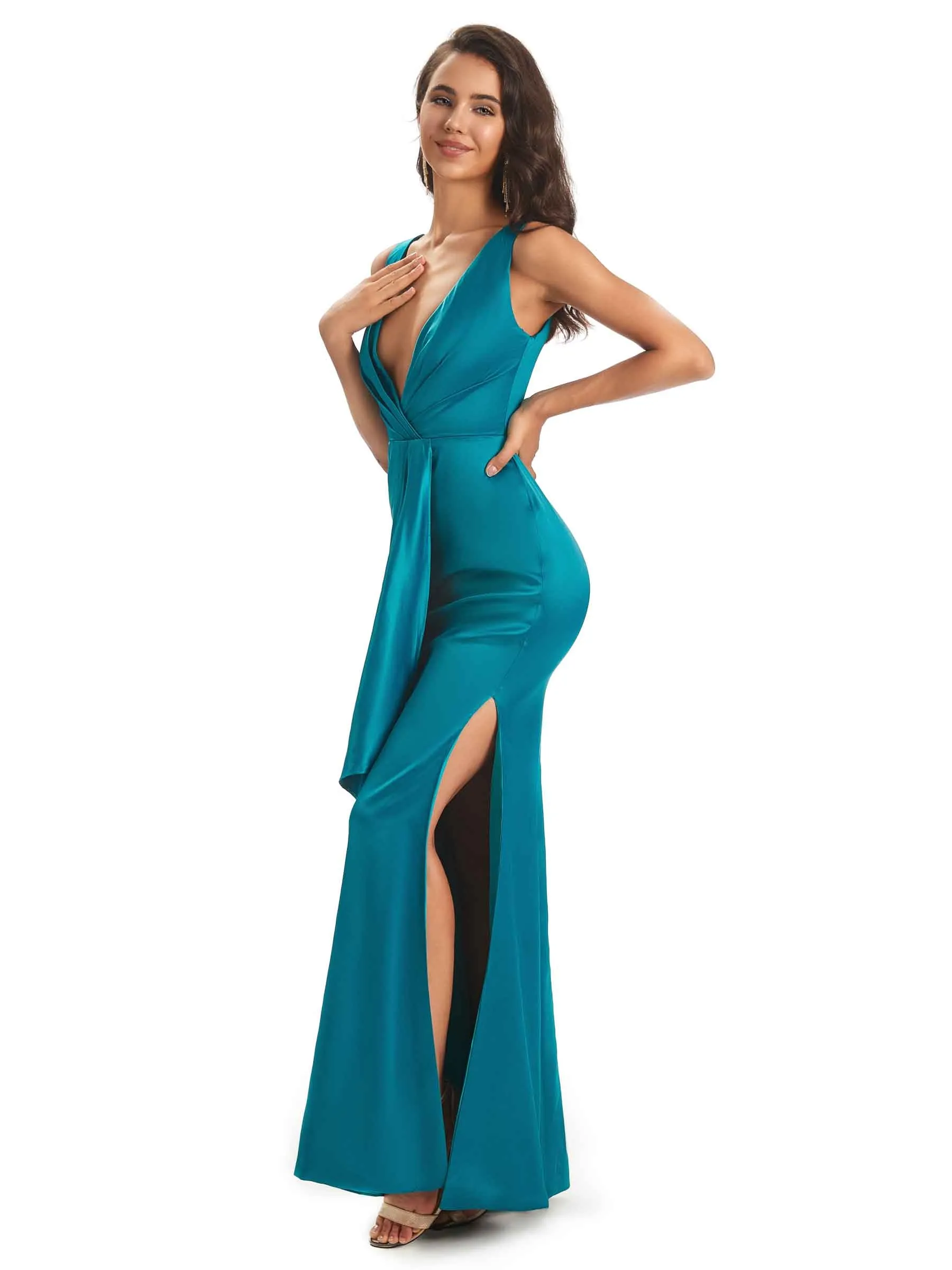 Sexy Soft Satin Side Slit V-neck Floor-Length Long Bridesmaid Dresses in stock sold by ChicSew product image thumbnail 4