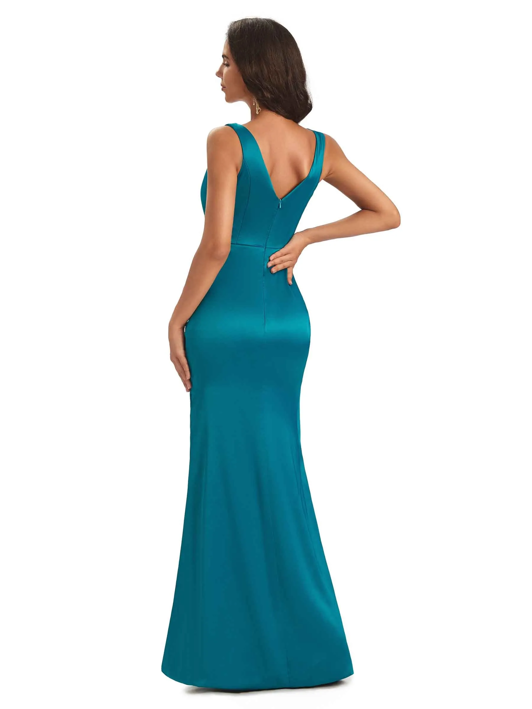 Sexy Soft Satin Side Slit V-neck Floor-Length Long Bridesmaid Dresses in stock sold by ChicSew product image thumbnail 3