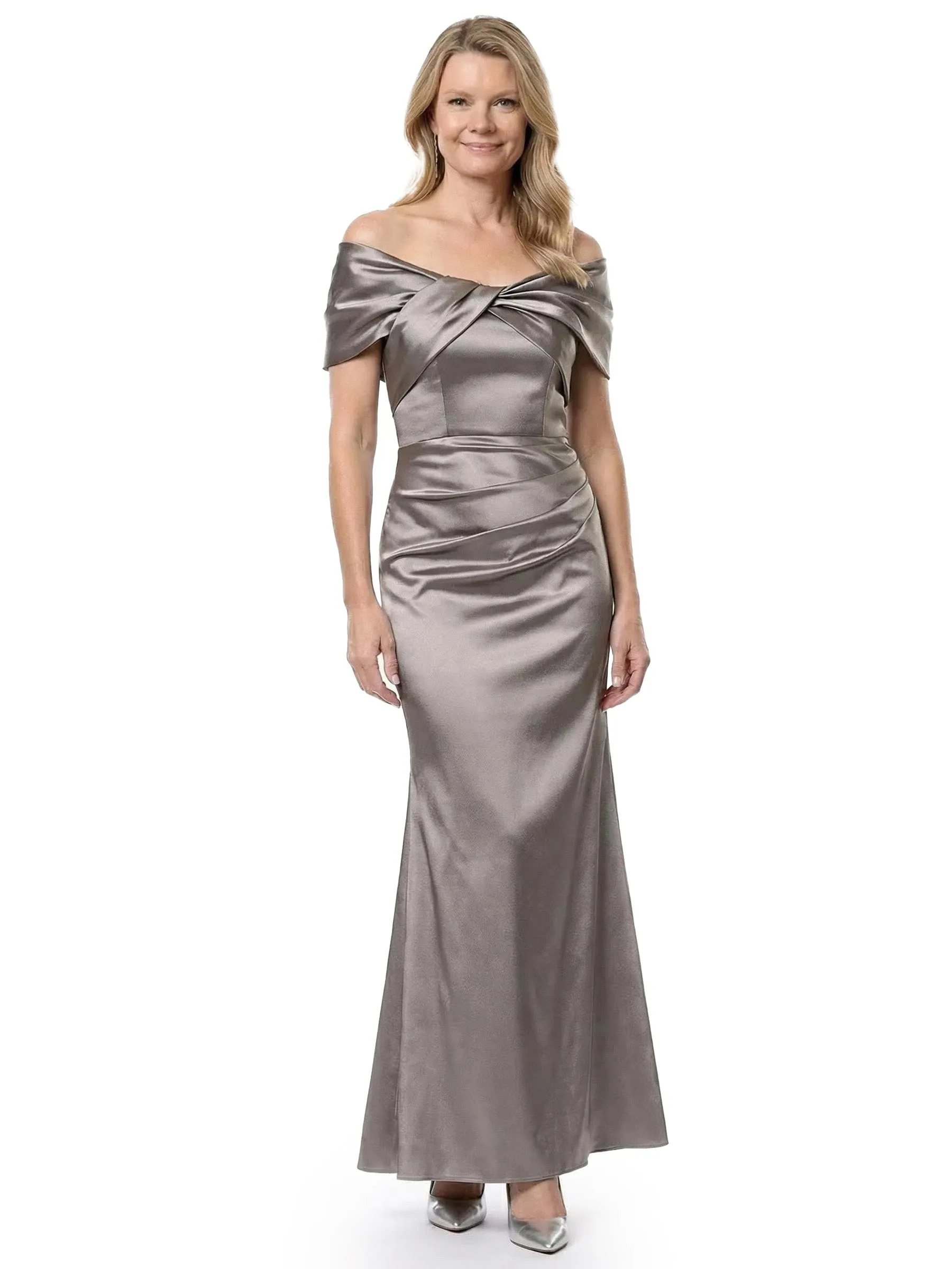 ChicSew Modern Ruched Satin Mother Of The Groom Dress With Twisted Off Shoulder Neck sold by ChicSew