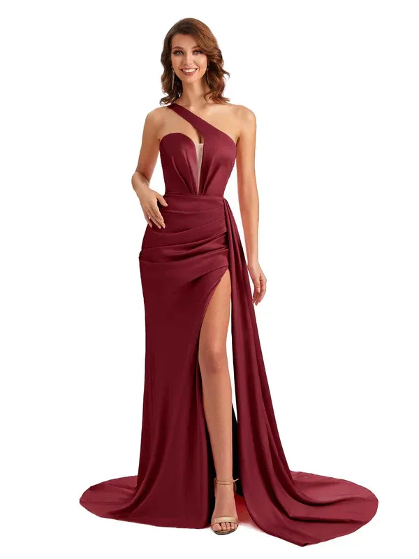 Sexy One Shoulder Soft Satin Side Slit Long Mermaid Wedding Party Dresses In Stock sold by ChicSew