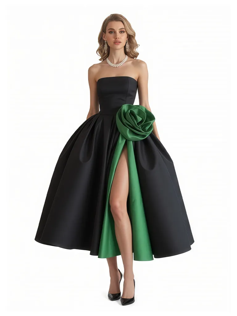 Chicsew Elegant Black and Green Satin Sweetheart A-Line Midi Formal Evening Dresses sold by ChicSew