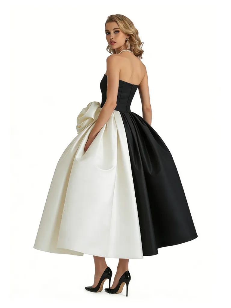 Chicsew Elegant Black and White Satin Sweetheart A-Line Midi Formal Evening Dresses sold by ChicSew product image thumbnail 2