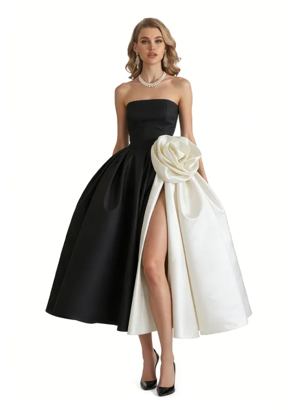 Chicsew Elegant Black and White Satin Sweetheart A-Line Midi Formal Evening Dresses sold by ChicSew